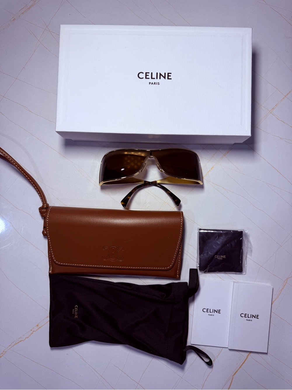 Celine Brown and Gold Oversized Shield Sunglasses with Leather Case